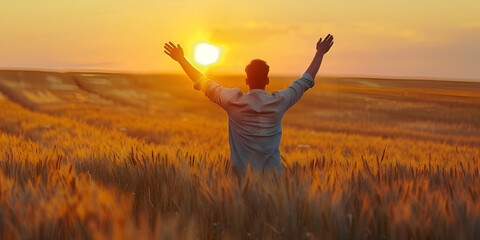 Fototapeta na wymiar Person on the field. Sport and active life concept Wellness Recovery Action Plan (WRAP) concept Silhouette of man raised hands at autumn sunset meadow background