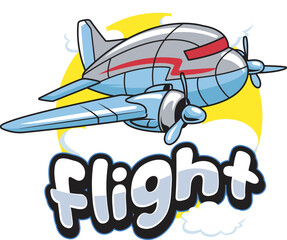 Vector Illustration of Airplane with FLIGHT words with Cute Cartoon Illustration Available for Plane Badge