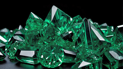 Large Collection Synthetic Emerald Gem Stone Polished Black Table Background
