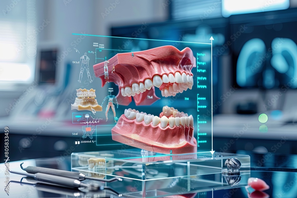Poster a 3d model of human teeth with diagnostic data displayed on a table, suitable for dental schools and