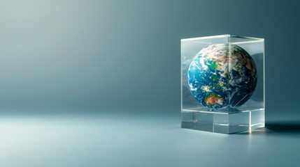 A clear cube with a globe inside of it - Powered by Adobe