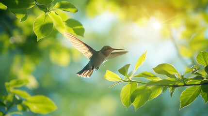 Obraz premium A promotional poster for the summer season with a light blue sky and green leaves, a light background, with subtle sun rays shining through the trees, a hummingbird flying around, a sense of calmness 