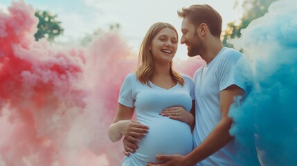 The woman is pregnant with twins, a boy and a girl. Celebrating Parenthood: Couple Reveal Baby's Gender in a Whirlwind of Colored pink and blue Smoke