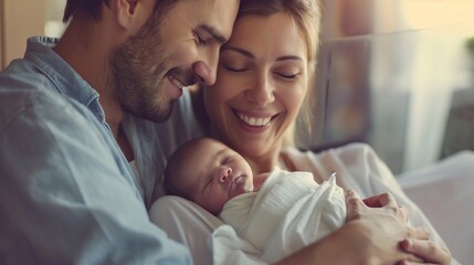 Obraz premium Happy couple hugging their newborn baby, the woman has just given birth to infant. Blessed Moments: A family Shares a Heartfelt Hug with Their Precious New little child