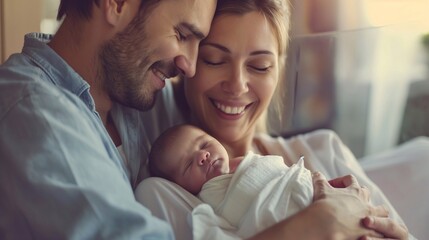 Happy couple hugging their newborn baby, the woman has just given birth to infant. Blessed Moments: A family Shares a Heartfelt Hug with Their Precious New little child