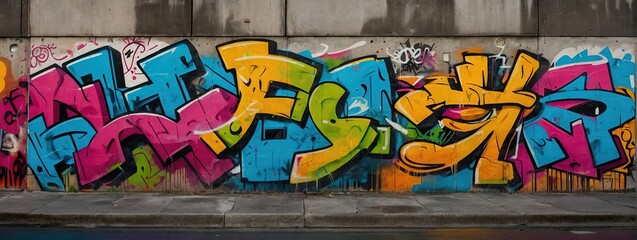 Obraz premium A vibrant, seamless pattern of colorful graffiti art layered on a weathered concrete wall, showcasing urban street art