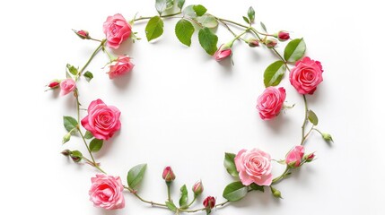 round frame wreath pattern with roses, pink flower buds, branches and leaves isolated on white background. flat lay, round frame wreath with pink roses, yellow flowers, branches, leaves and petals 