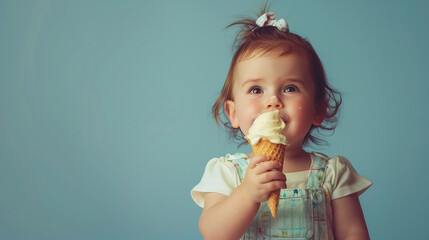 copy space, stockphoto, cute little toddler with melting icecream. Portrait of a cute toddler eating an ice cream. Summer theme, Summer is comming. Cute child portrait.