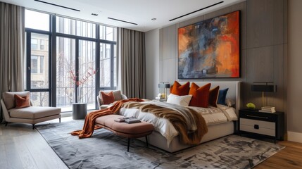 Interior design, an elegant modern minimalist bedroom featuring sleek furniture.