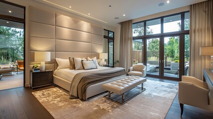 Interior design, an elegant modern minimalist bedroom featuring sleek furniture.