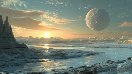 Extraterrestrial landscape scenery of alien planet in deep space