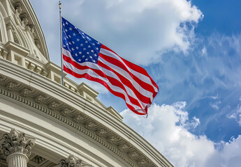  building with an American flag flying in front of it.