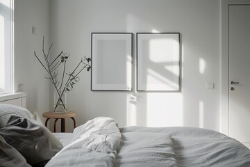 Modern minimalist bedroom on the white background, interior design room tour.