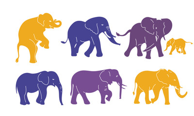 Set  colored silhouettes of elephants. Vector illustration on a white background