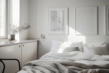 Modern minimalist bedroom on the white background, interior design room tour.