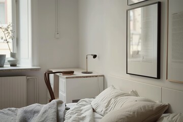 Modern minimalist bedroom on the white background, interior design room tour.