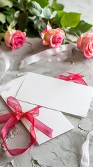 The postcards were placed on a table with a white tablecloth. The table was decorated with pink roses and red bow.