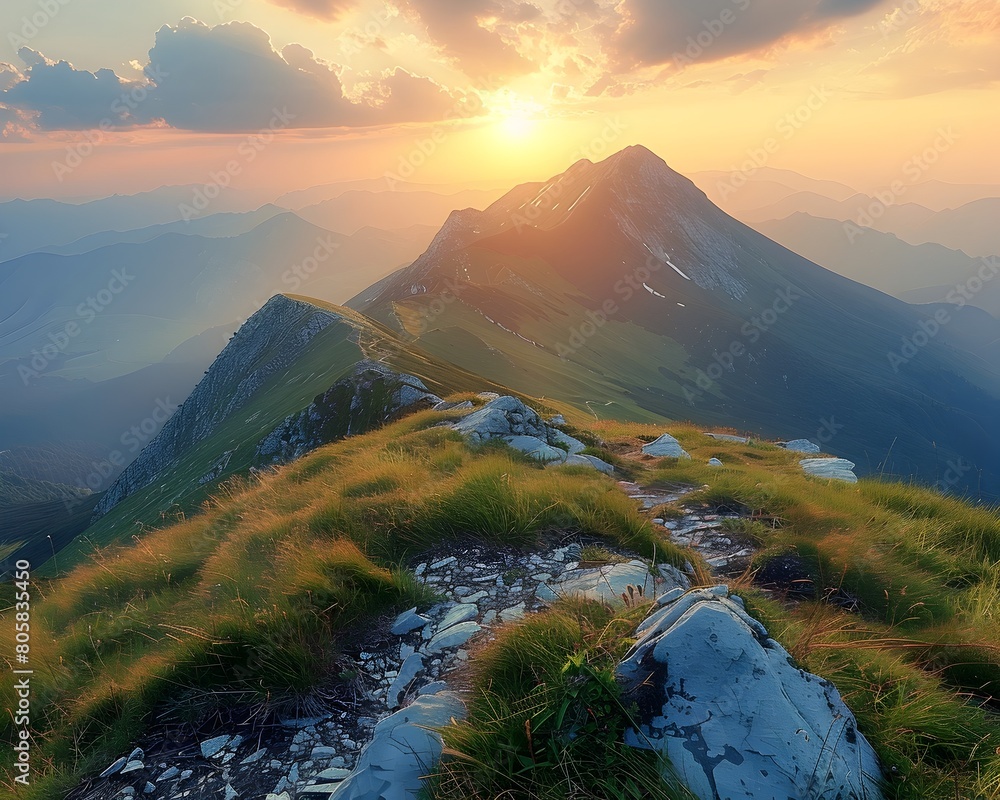 Poster breathtaking sunrise view from majestic mountain summit overlooking serene wilderness landscape