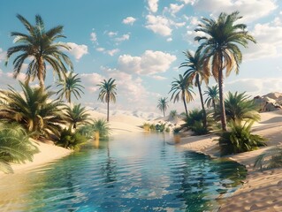 Fototapeta premium Serene Desert Oasis with Swaying Palms and Glistening Pool in Tranquil Tropical Landscape