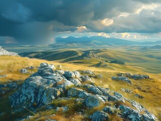 Dramatic Highland Plateau with Scattered Rock Formations and Distant Storm Clouds - Powered by Adobe