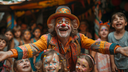 Obraz premium an enthusiastic clown in the middle of a birthday event, attended by a group of children watching enthusiastically, Ai generated Images