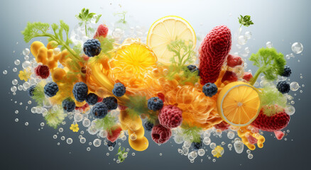 Dynamic Splash of Fruits and Berries in Water
