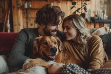 Cheerful young loving couple is playing with their dog at home, Generative AI