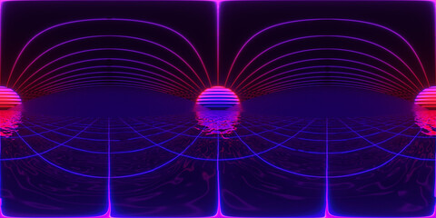 HDRI. Glowing neon lines. Full spherical panorama 360 degrees. Abstract vintage retro background, ultraviolet, spectrum vibrant colors, laser show. 3D render illustration.