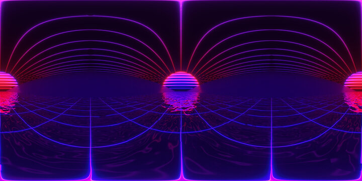 HDRI. Glowing neon lines. Full spherical panorama 360 degrees. Abstract vintage retro background, ultraviolet, spectrum vibrant colors, laser show. 3D render illustration.