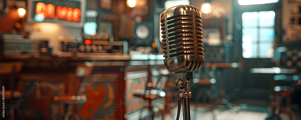 Poster a vintage 1930s style radio broadcast studio with a large retro style microphone and an on air sign 