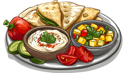 Clipart of a delectable plate of Mediterranean mezze with hummus and pita ar7 4 v6 0 Generative AI