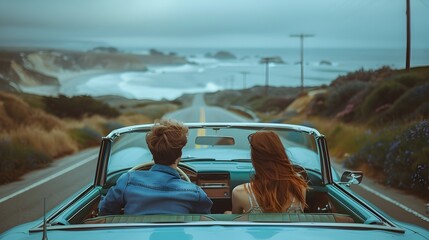 Coastal Cruise in a Classic Convertible Couple Enjoying Scenic Road Trip Adventure