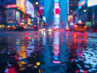 Dazzling Rain Soaked Streets of New York City Reflecting Bright Lights of Times Square in Vibrant Urban Landscape