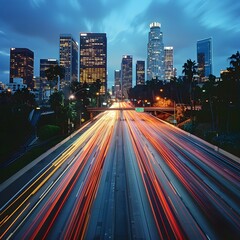 Fototapeta premium Dynamic Cityscape Ablaze with High Speed Light Trails on Busy Los Angeles Freeway at Night