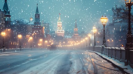 Obraz premium Snowy Winterscape of Moscow s Historic Kremlin and Streets at Dusk