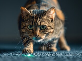 A cat with a focused gaze stalks a red laser dot