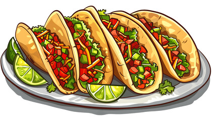 Clipart of a colorful plate of Mexican street tacos with salsa and lime ar7 4 v6 0 Generative AI
