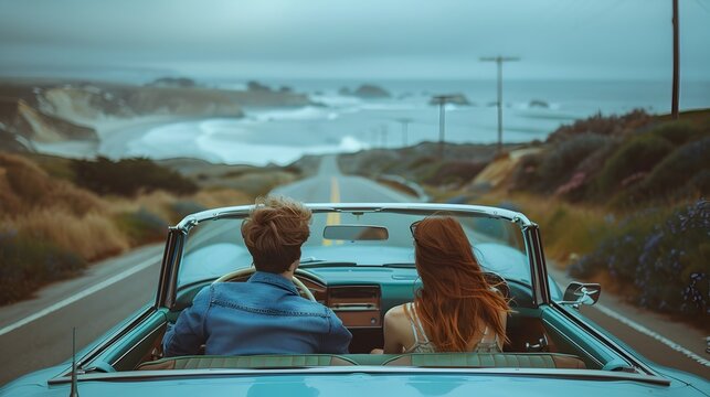 Coastal Cruise in a Classic Convertible Couple Enjoying Scenic Road Trip Adventure