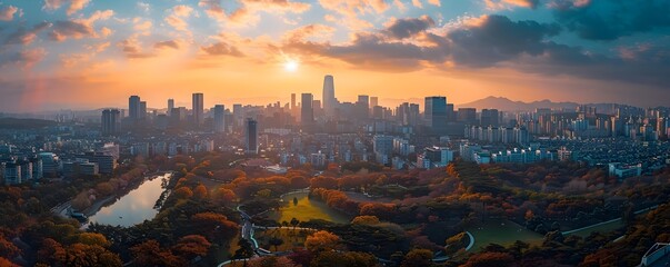 Serene Urban Oasis Stunning Panoramic View of Seoul Skyline at Sunset