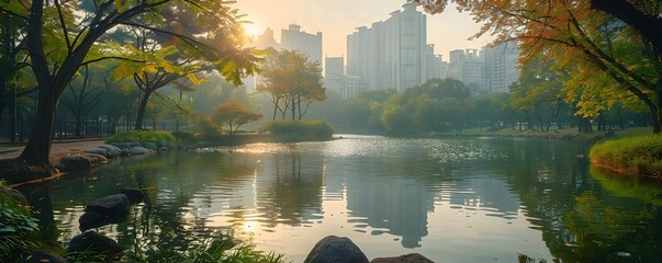 Peaceful Urban Oasis A Serene Lake Nestled Amidst the Soaring Skyscrapers of a Bustling City