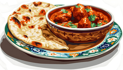 Clipart of a colorful plate of Indian butter chicken with naan bread ar7 4 v6 0 Generative AI