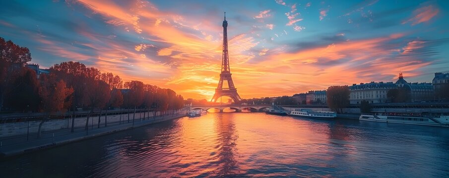 Mesmerizing Sunset over the Seine River with the Iconic Eiffel Tower in Paris France
