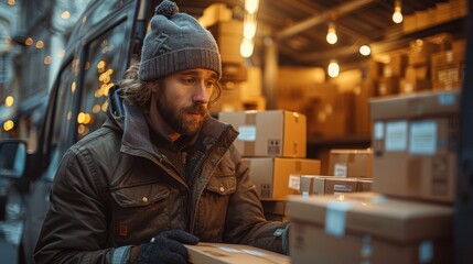 Delivery person scanning parcel boxes in a van, dynamic