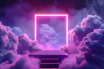 A empty podium on a high platform surrounded by dense, silver clouds and neon lights