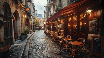 Charming Parisian Caf Along Cobblestone Street with Outdoor Seating and Vintage Aesthetic