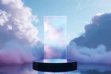 A sleek, minimalist podium with a transparent holographic screen, clouds