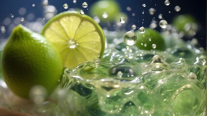 A close-up view of carbonated bubbles rising in an effervescent lime-aid drink--