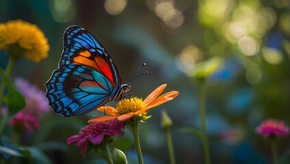 Brilliant fairy wings cast a shadow upon a garden as a colorful butterfly flutters by.