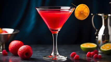A vibrant red fruit punch cocktail served in an elegant martini glass