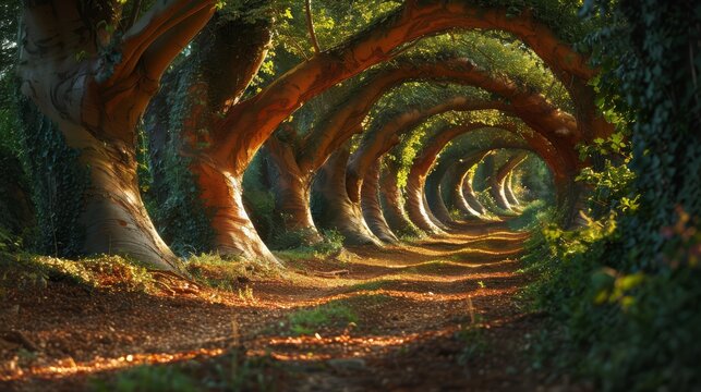 Enchanted forest with trees that bend and weave magically